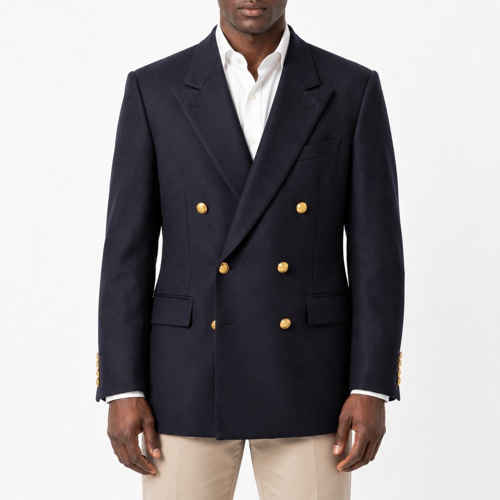 Neiman Marcus Blazer Sandhurst Wool Double Breasted Mens Navy Blue Gold Buttons
